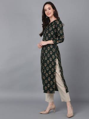 women green silk blend ethnic motifs printed straight kurta 2