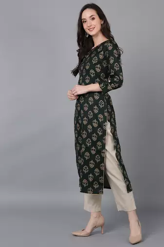 women green silk blend ethnic motifs printed straight kurta