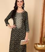 women green viscose rayon ethnic motifs embroidered straight kurta