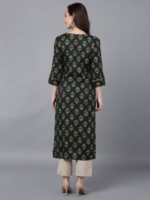 women green silk blend ethnic motifs printed straight kurta 3