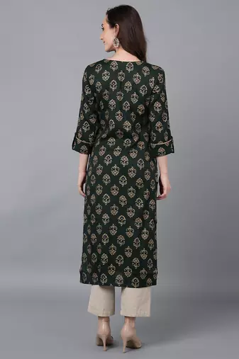 women green silk blend ethnic motifs printed straight kurta