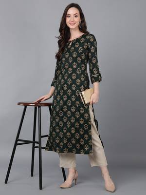 women green silk blend ethnic motifs printed straight kurta 4