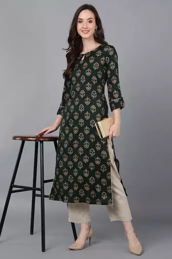 women green silk blend ethnic motifs printed straight kurta