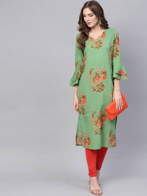 women green cotton floral printed straight kurta 5