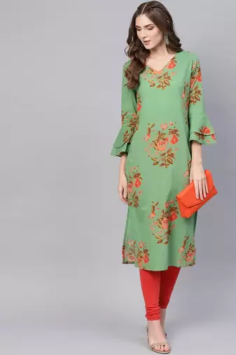 women green cotton floral printed straight kurta