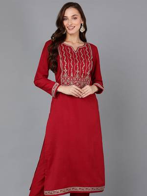 women red silk blend solid embroidered straight kurta 1