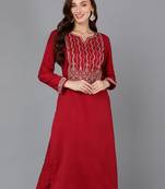 women red silk blend solid embroidered straight kurta