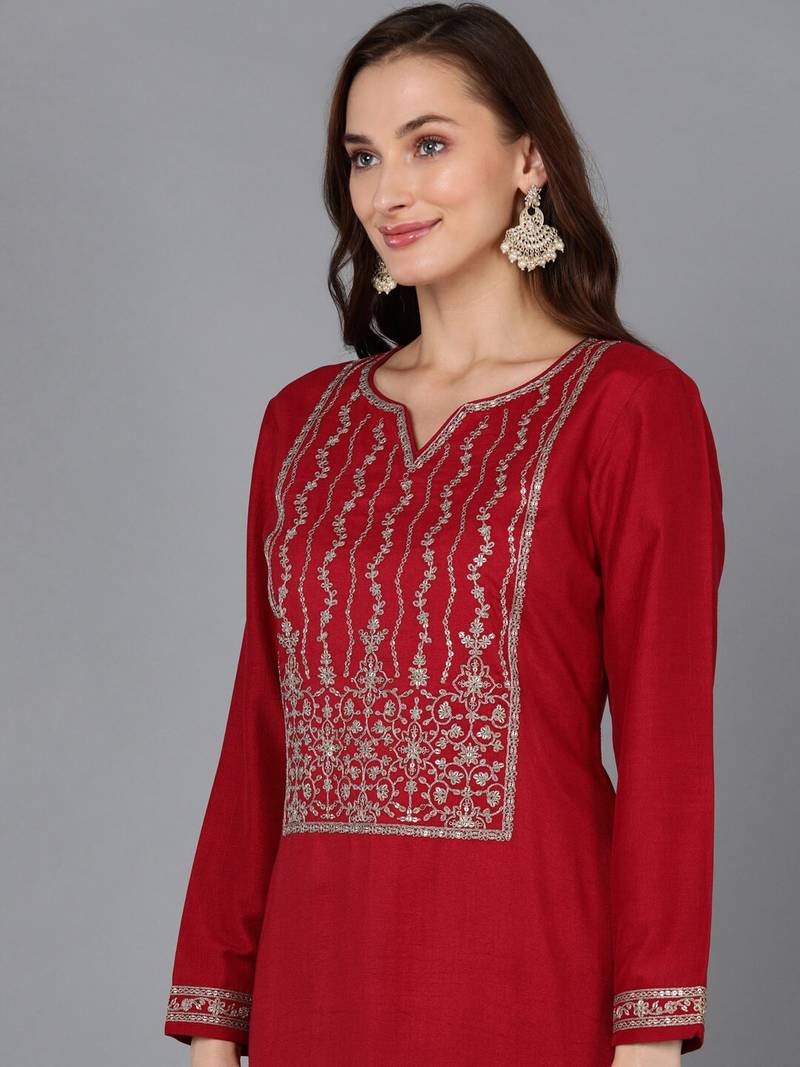 women red silk blend solid embroidered straight kurta