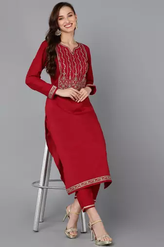 women red silk blend solid embroidered straight kurta