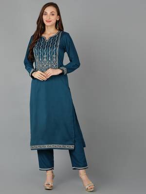 women teal silk blend solid embroidered straight kurta 1