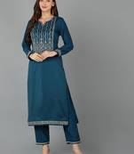 women teal silk blend solid embroidered straight kurta