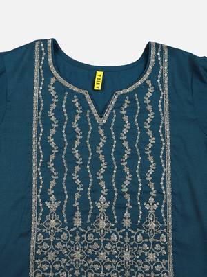 women teal silk blend solid embroidered straight kurta 2