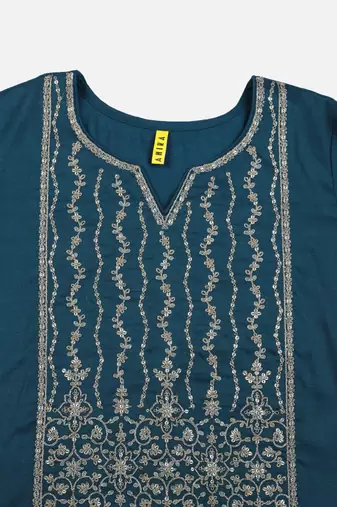 women teal silk blend solid embroidered straight kurta