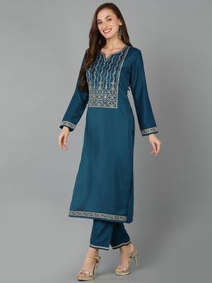 women teal silk blend solid embroidered straight kurta 3
