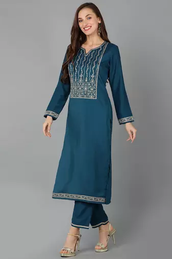 women teal silk blend solid embroidered straight kurta