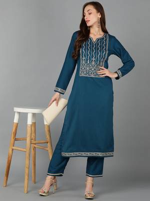 women teal silk blend solid embroidered straight kurta 5