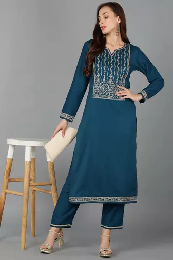 women teal silk blend solid embroidered straight kurta