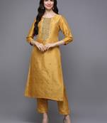 women yellow silk blend solid embroidered straight kurta