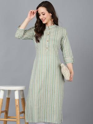 green cotton striped printed straight kurta 1