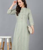 green cotton striped printed straight kurta