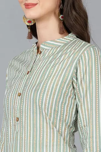 green cotton striped printed straight kurta
