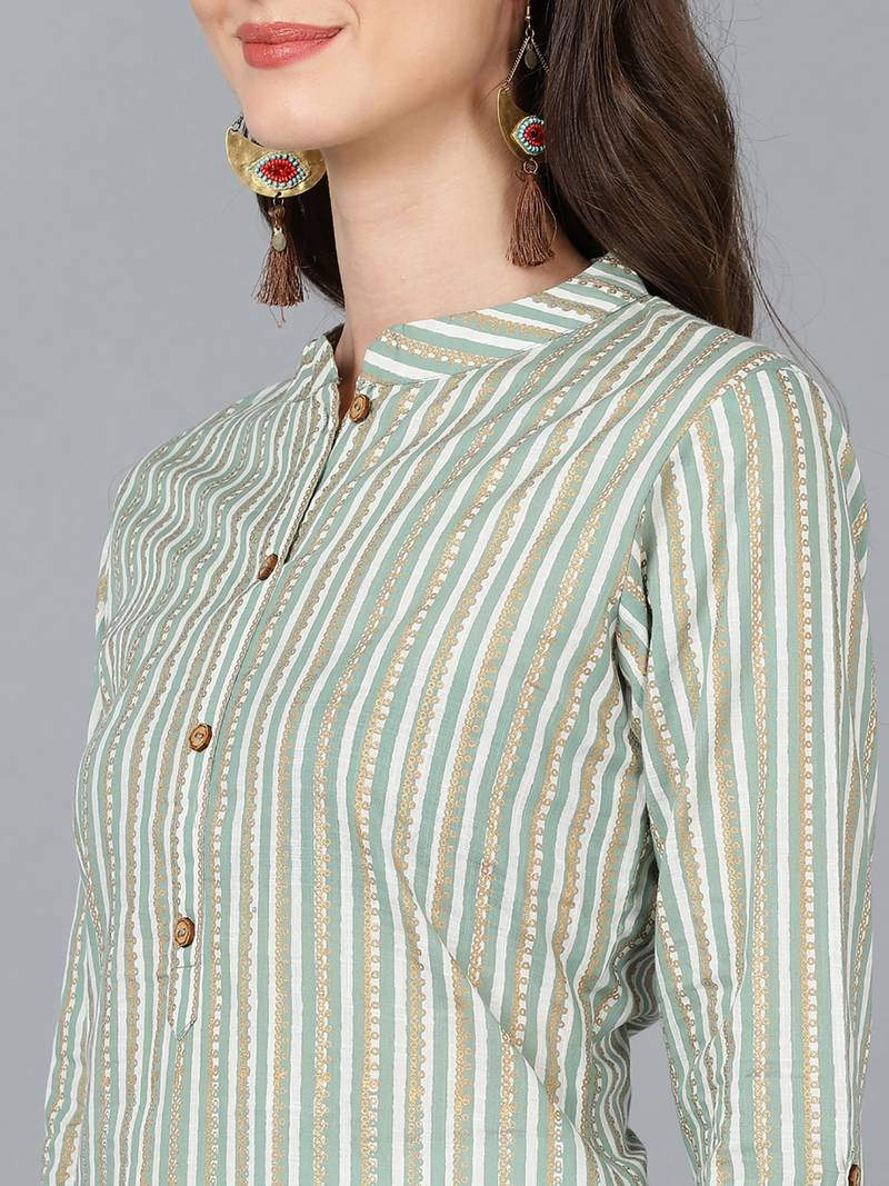 green cotton striped printed straight kurta