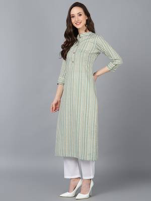 green cotton striped printed straight kurta 3