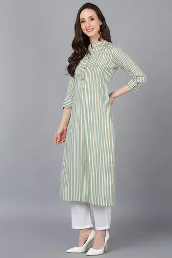 green cotton striped printed straight kurta
