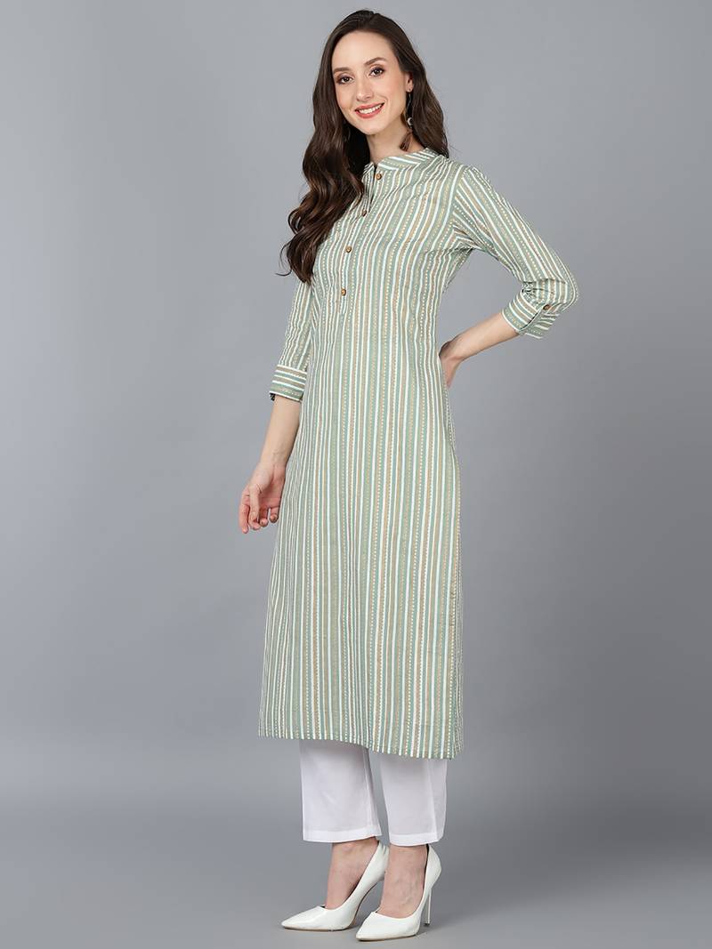 green cotton striped printed straight kurta