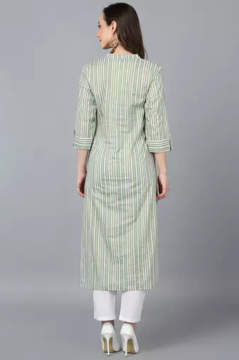 green cotton striped printed straight kurta