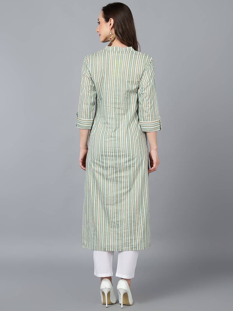 green cotton striped printed straight kurta