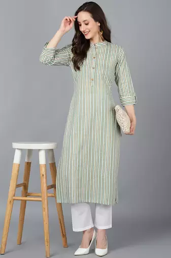 green cotton striped printed straight kurta