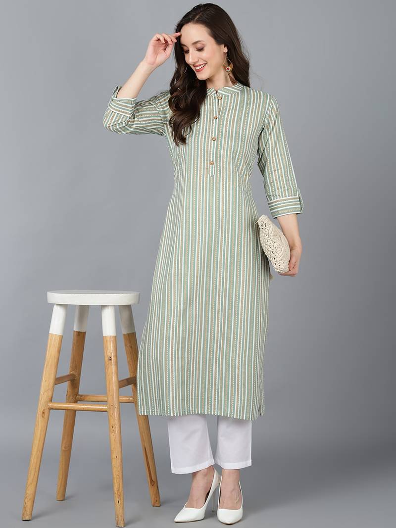 green cotton striped printed straight kurta