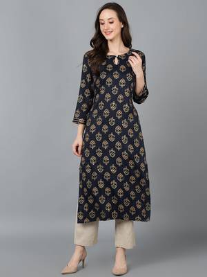 women black cotton blend ethnic motifs printed straight kurta 1