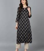 women black cotton blend ethnic motifs printed straight kurta