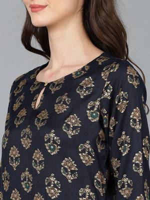 women black cotton blend ethnic motifs printed straight kurta 2