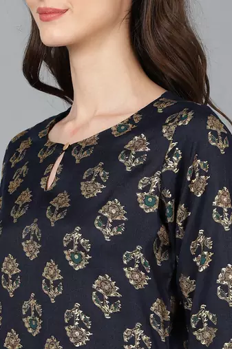 women black cotton blend ethnic motifs printed straight kurta