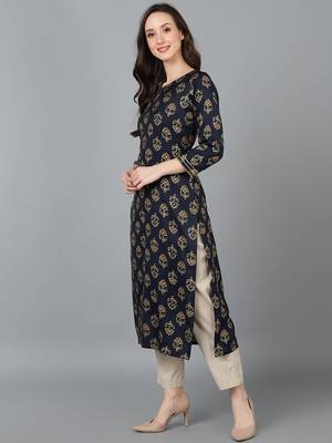women black cotton blend ethnic motifs printed straight kurta 3