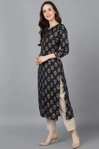 women black cotton blend ethnic motifs printed straight kurta