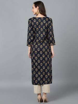 women black cotton blend ethnic motifs printed straight kurta 4