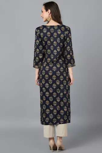 women black cotton blend ethnic motifs printed straight kurta