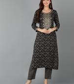women teal cotton blend geometric embroidered straight kurta