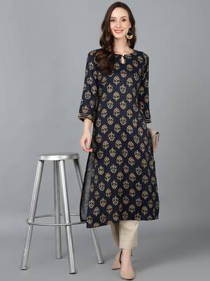women black cotton blend ethnic motifs printed straight kurta 5