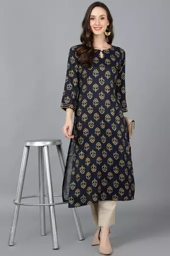 women black cotton blend ethnic motifs printed straight kurta