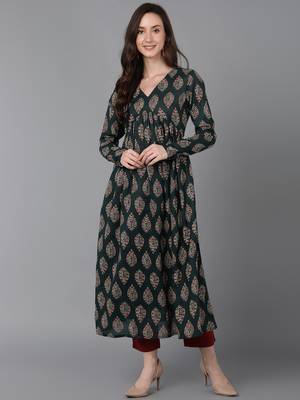 women green cotton ethnic motifs printed anarkali kurta 1