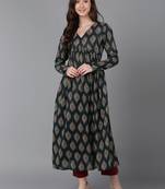 women green cotton ethnic motifs printed anarkali kurta