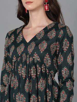 women green cotton ethnic motifs printed anarkali kurta 2