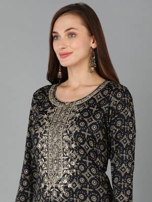 women teal cotton blend geometric embroidered straight kurta 2