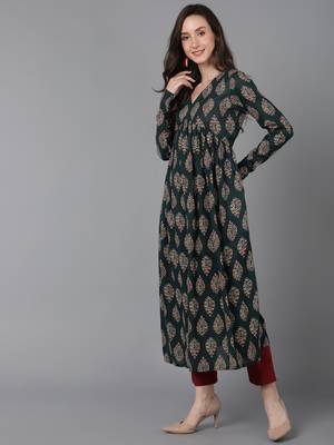 women green cotton ethnic motifs printed anarkali kurta 3
