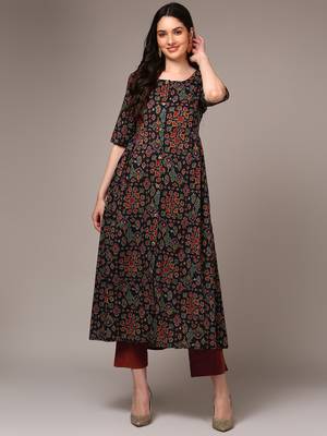 women black pure cotton ethnic motifs printed a-line kurta 1